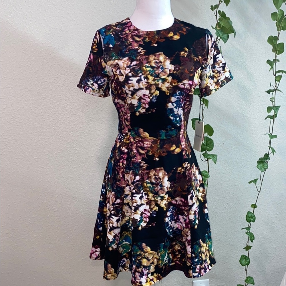 Who What Wear Dress Womens XS Black Watercolor Floral Fit and Flare Stretch Boho